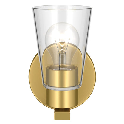 Kichler Stamos 8in 1-Light Wall Sconce | Modern Brushed Gold Steel and Clear Glass | Hallway & Bathroom Accent | 5 x 8 x 5.5 in | Model 52437BGCLR