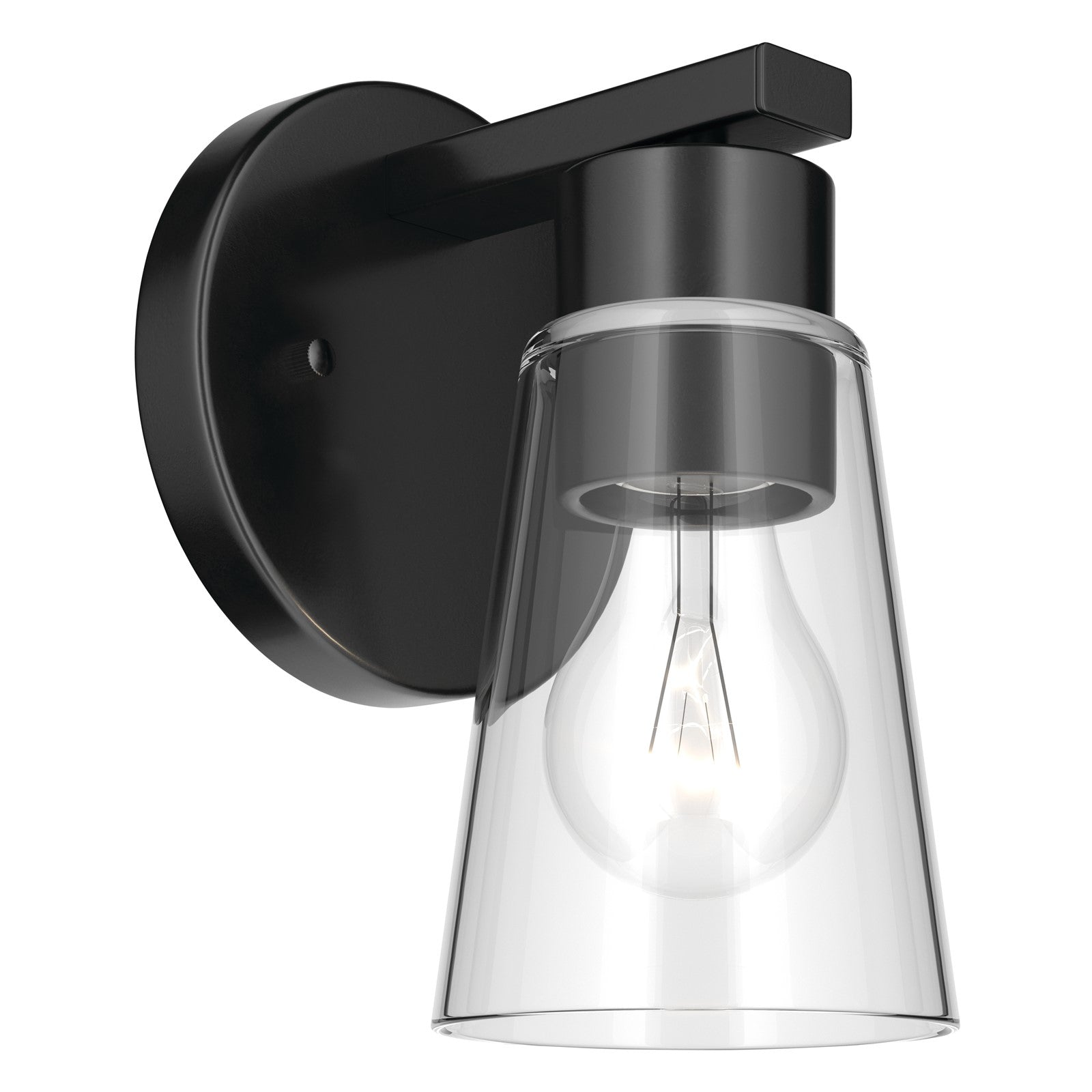 Kichler Stamos 8in 1-Light Wall Sconce | Modern Black Steel and Clear Satin Etched Glass | Hallway & Bathroom Accent | 5 x 8 in, Damp Rated | Model 52437BKCLR