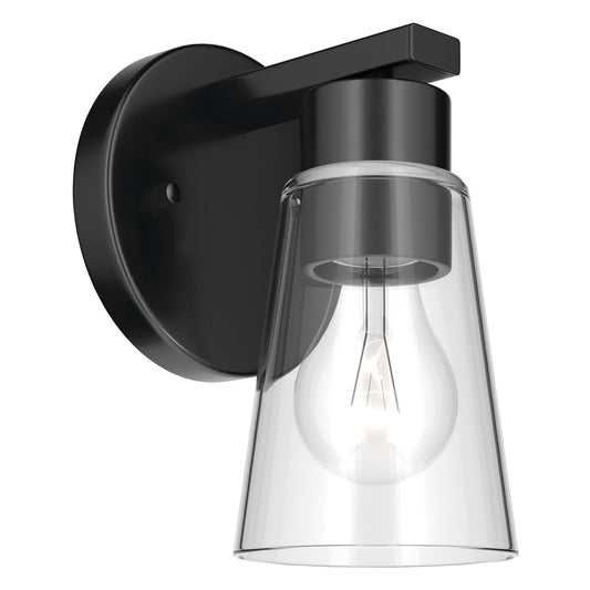 Kichler Stamos 8in 1-Light Wall Sconce | Modern Black Steel and Clear Satin Etched Glass | Hallway & Bathroom Accent | 5 x 8 in, Damp Rated | Model 52437BKCLR