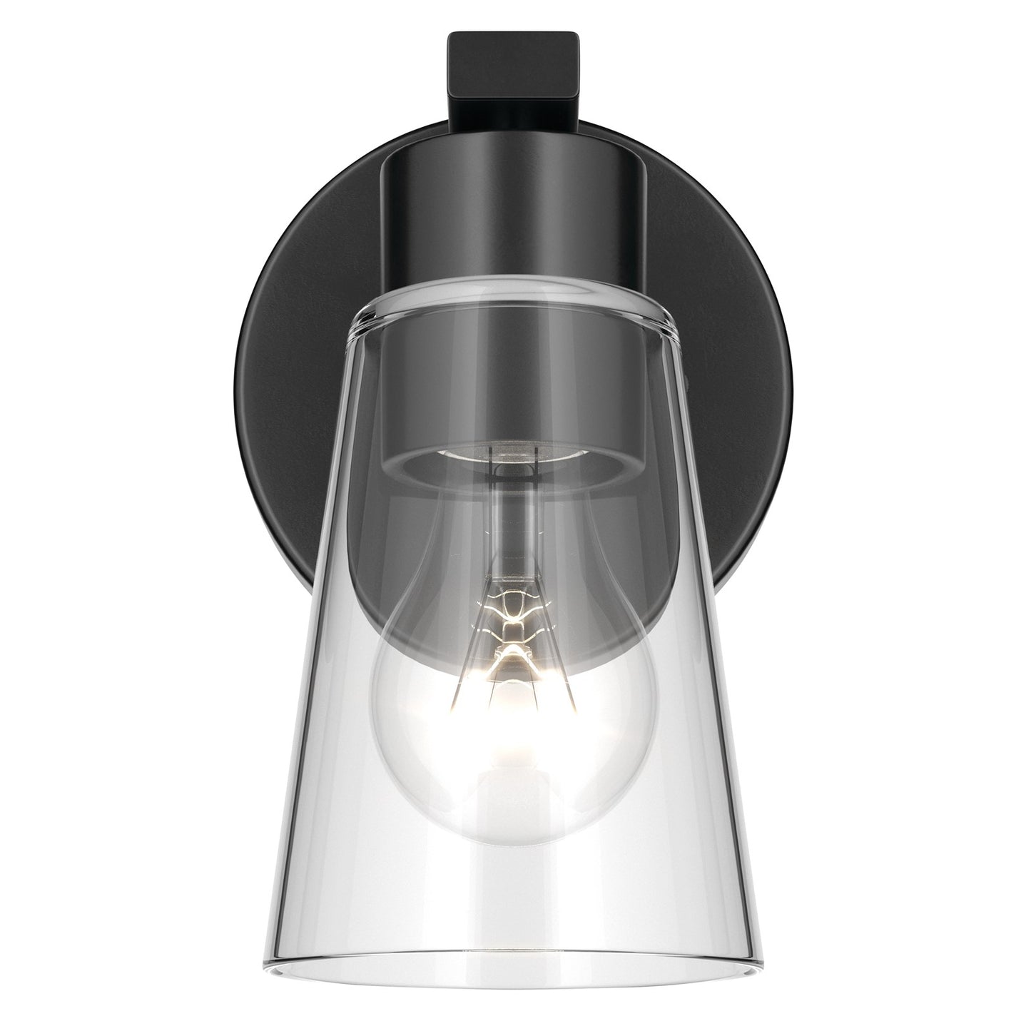 Kichler Stamos 8in 1-Light Wall Sconce | Modern Black Steel and Clear Satin Etched Glass | Hallway & Bathroom Accent | 5 x 8 in, Damp Rated | Model 52437BKCLR