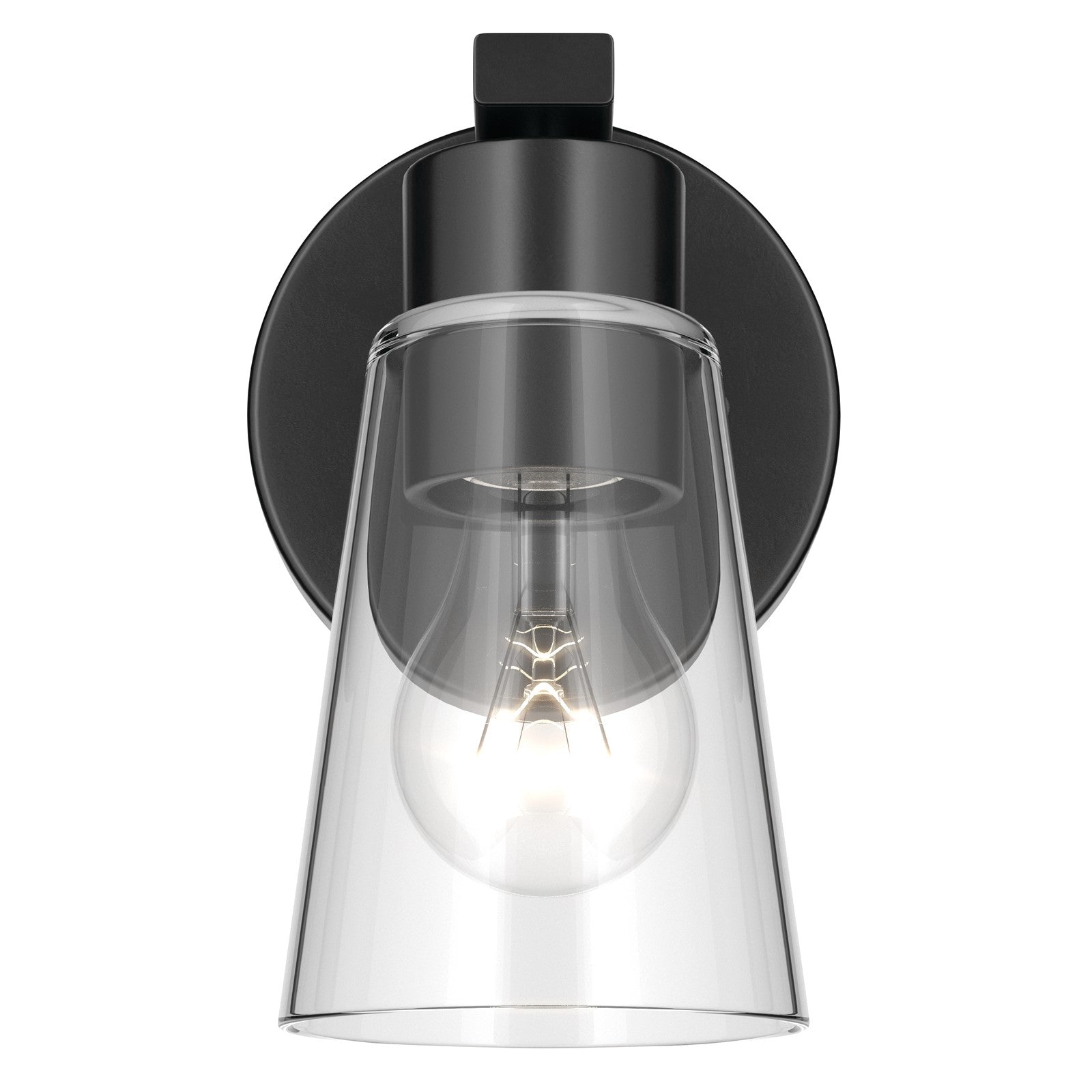Kichler Stamos 8in 1-Light Wall Sconce | Modern Black Steel and Clear Satin Etched Glass | Hallway & Bathroom Accent | 5 x 8 in, Damp Rated | Model 52437BKCLR