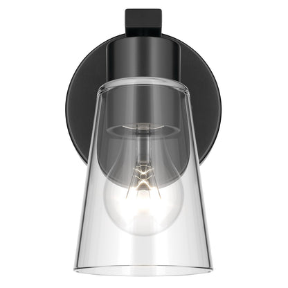 Kichler Stamos 8in 1-Light Wall Sconce | Modern Black Steel and Clear Satin Etched Glass | Hallway & Bathroom Accent | 5 x 8 in, Damp Rated | Model 52437BKCLR