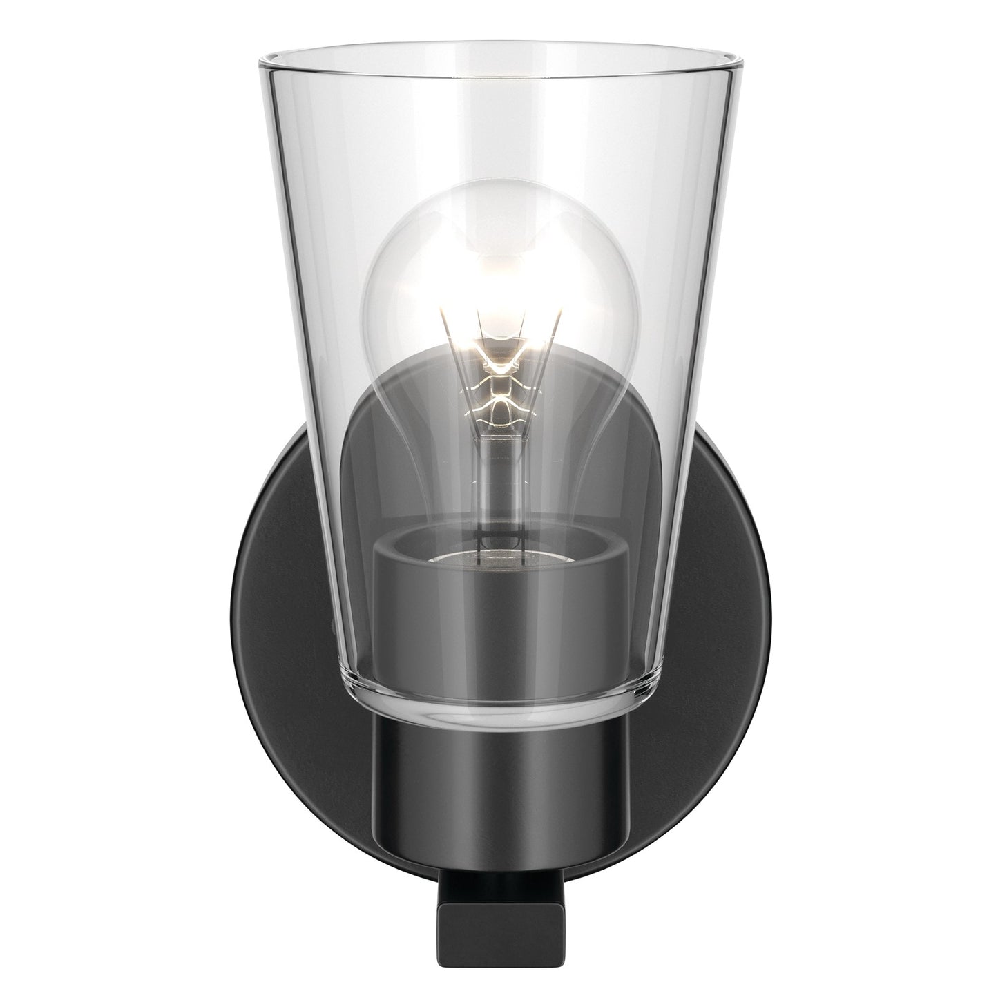 Kichler Stamos 8in 1-Light Wall Sconce | Modern Black Steel and Clear Satin Etched Glass | Hallway & Bathroom Accent | 5 x 8 in, Damp Rated | Model 52437BKCLR