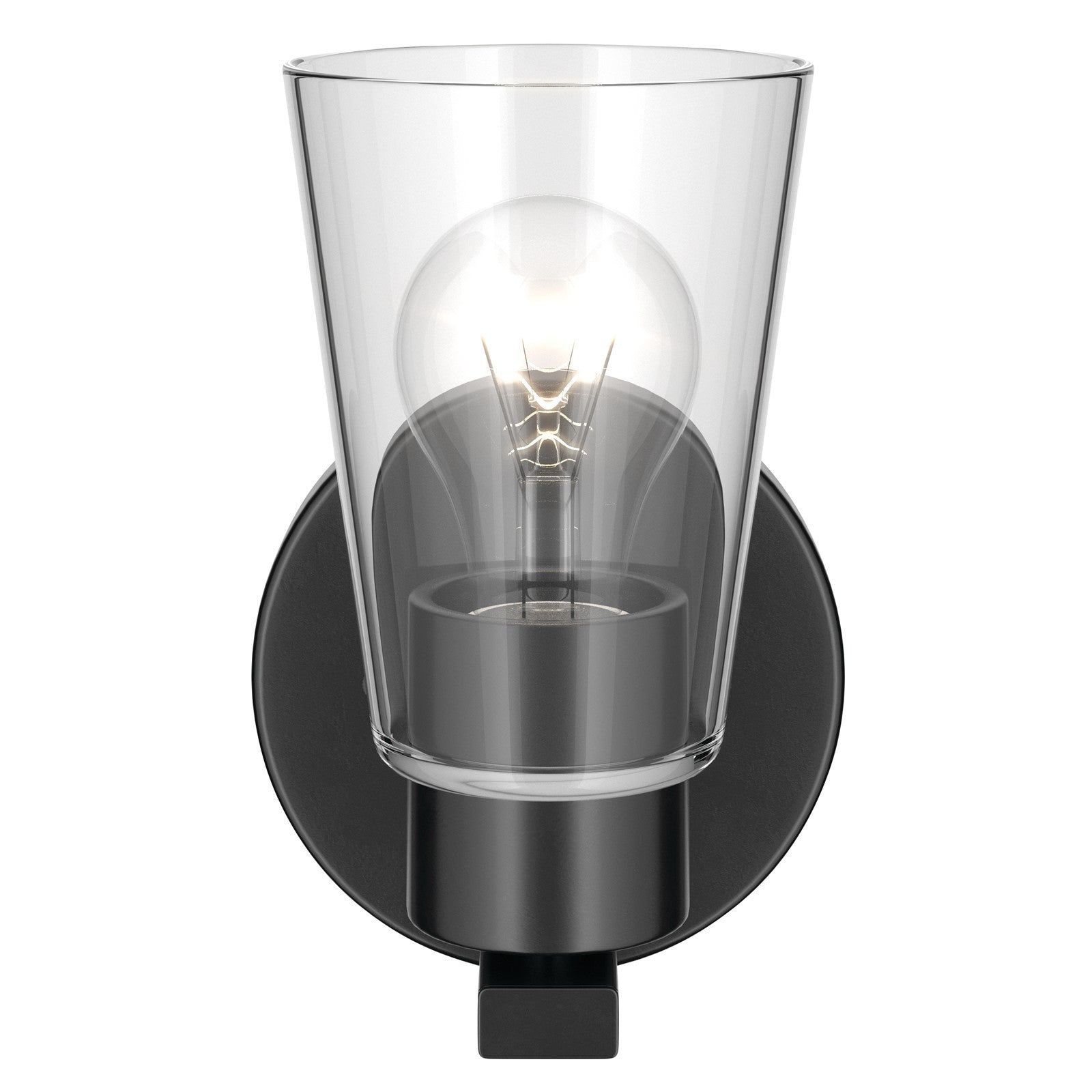 Kichler Stamos 8in 1-Light Wall Sconce | Modern Black Steel and Clear Satin Etched Glass | Hallway & Bathroom Accent | 5 x 8 in, Damp Rated | Model 52437BKCLR