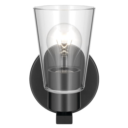 Kichler Stamos 8in 1-Light Wall Sconce | Modern Black Steel and Clear Satin Etched Glass | Hallway & Bathroom Accent | 5 x 8 in, Damp Rated | Model 52437BKCLR