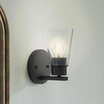 Kichler Stamos 8in 1-Light Wall Sconce | Modern Black Steel and Clear Satin Etched Glass | Hallway & Bathroom Accent | 5 x 8 in, Damp Rated | Model 52437BKCLR