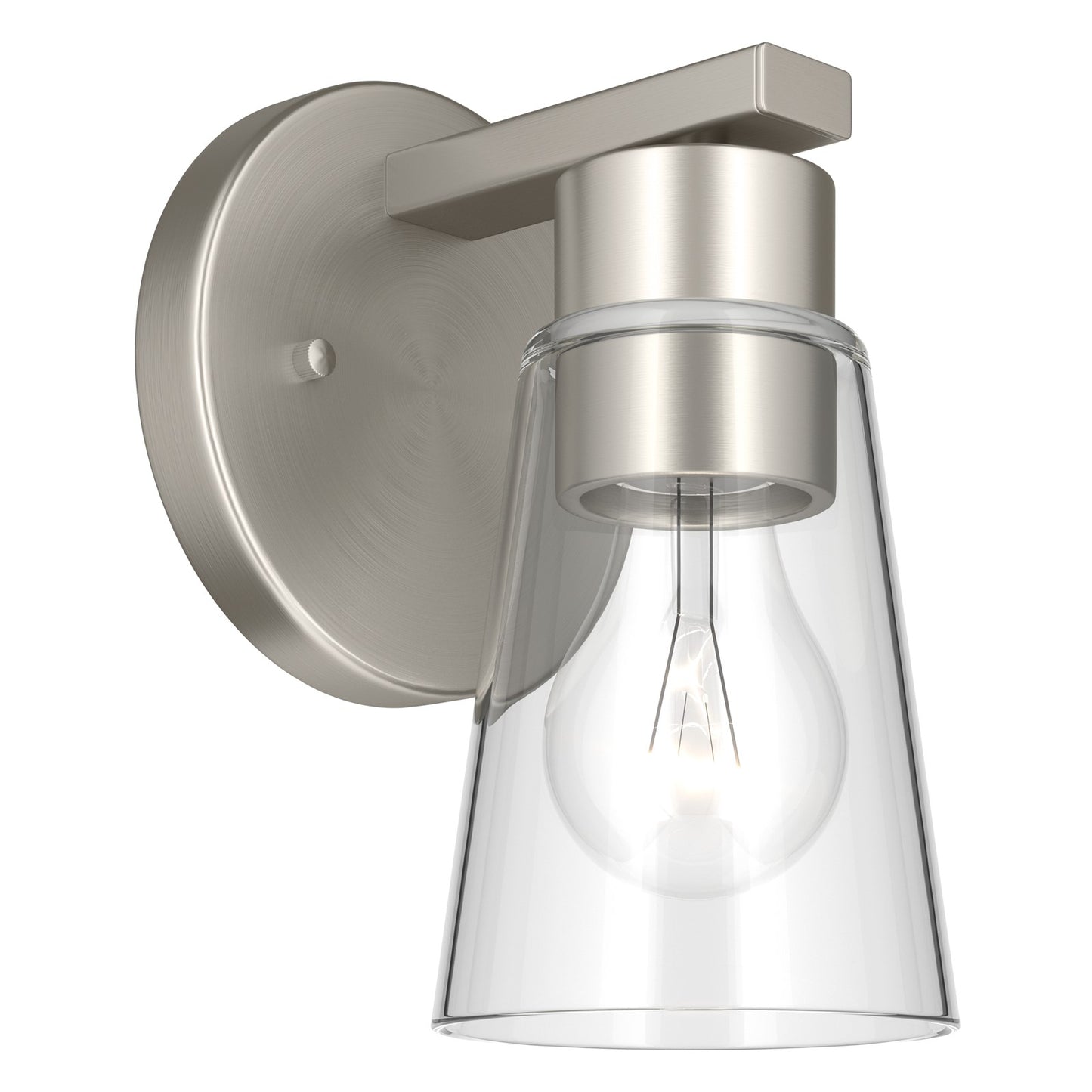 Kichler Stamos 8in 1-Light Wall Sconce | Modern Brushed Nickel Steel and Clear Satin Etched Glass | Hallway & Bathroom Accent | 5 x 8 in, Damp Rated | Model 52437NICLR
