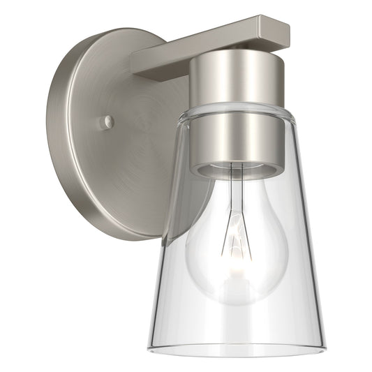 Kichler Stamos 8in 1-Light Wall Sconce | Modern Brushed Nickel Steel and Clear Satin Etched Glass | Hallway & Bathroom Accent | 5 x 8 in, Damp Rated | Model 52437NICLR