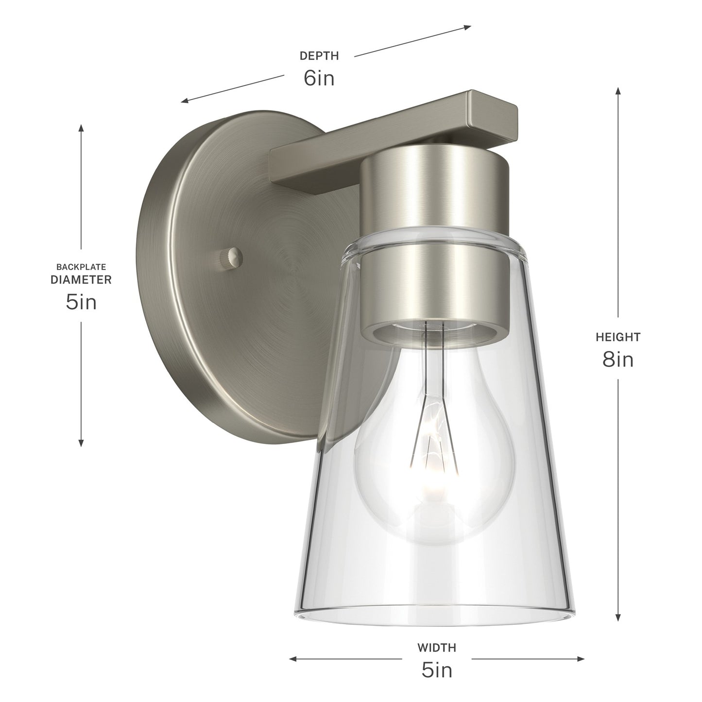 Kichler Stamos 8in 1-Light Wall Sconce | Modern Brushed Nickel Steel and Clear Satin Etched Glass | Hallway & Bathroom Accent | 5 x 8 in, Damp Rated | Model 52437NICLR