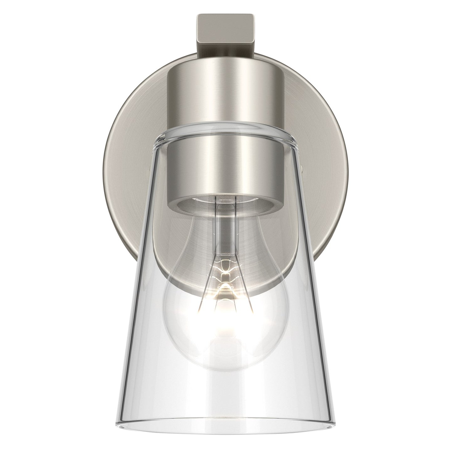Kichler Stamos 8in 1-Light Wall Sconce | Modern Brushed Nickel Steel and Clear Satin Etched Glass | Hallway & Bathroom Accent | 5 x 8 in, Damp Rated | Model 52437NICLR