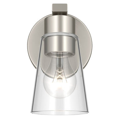 Kichler Stamos 8in 1-Light Wall Sconce | Modern Brushed Nickel Steel and Clear Satin Etched Glass | Hallway & Bathroom Accent | 5 x 8 in, Damp Rated | Model 52437NICLR