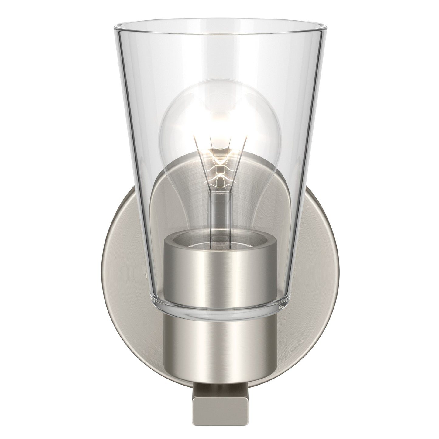 Kichler Stamos 8in 1-Light Wall Sconce | Modern Brushed Nickel Steel and Clear Satin Etched Glass | Hallway & Bathroom Accent | 5 x 8 in, Damp Rated | Model 52437NICLR