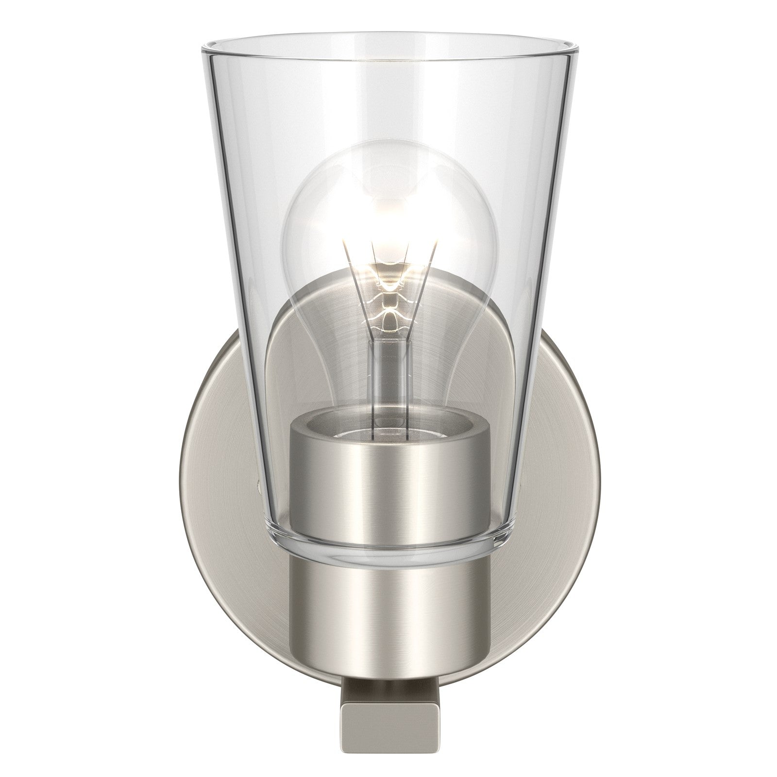 Kichler Stamos 8in 1-Light Wall Sconce | Modern Brushed Nickel Steel and Clear Satin Etched Glass | Hallway & Bathroom Accent | 5 x 8 in, Damp Rated | Model 52437NICLR