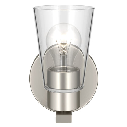 Kichler Stamos 8in 1-Light Wall Sconce | Modern Brushed Nickel Steel and Clear Satin Etched Glass | Hallway & Bathroom Accent | 5 x 8 in, Damp Rated | Model 52437NICLR