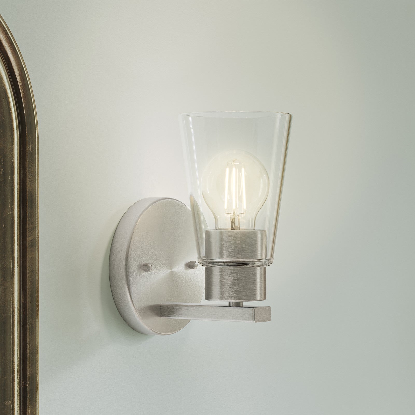 Kichler Stamos 8in 1-Light Wall Sconce | Modern Brushed Nickel Steel and Clear Satin Etched Glass | Hallway & Bathroom Accent | 5 x 8 in, Damp Rated | Model 52437NICLR