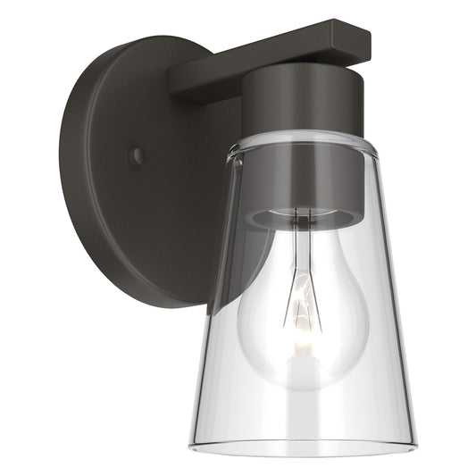 Kichler Stamos 8in 1-Light Wall Sconce | Modern Olde Bronze Steel and Clear Satin Etched Glass | Hallway & Bathroom Accent | 5 x 8 in, Damp Rated | Model 52437OZCLR