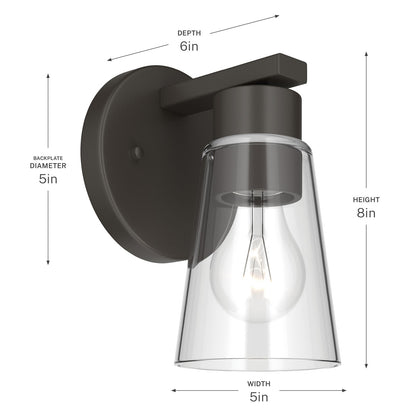Kichler Stamos 8in 1-Light Wall Sconce | Modern Olde Bronze Steel and Clear Satin Etched Glass | Hallway & Bathroom Accent | 5 x 8 in, Damp Rated | Model 52437OZCLR