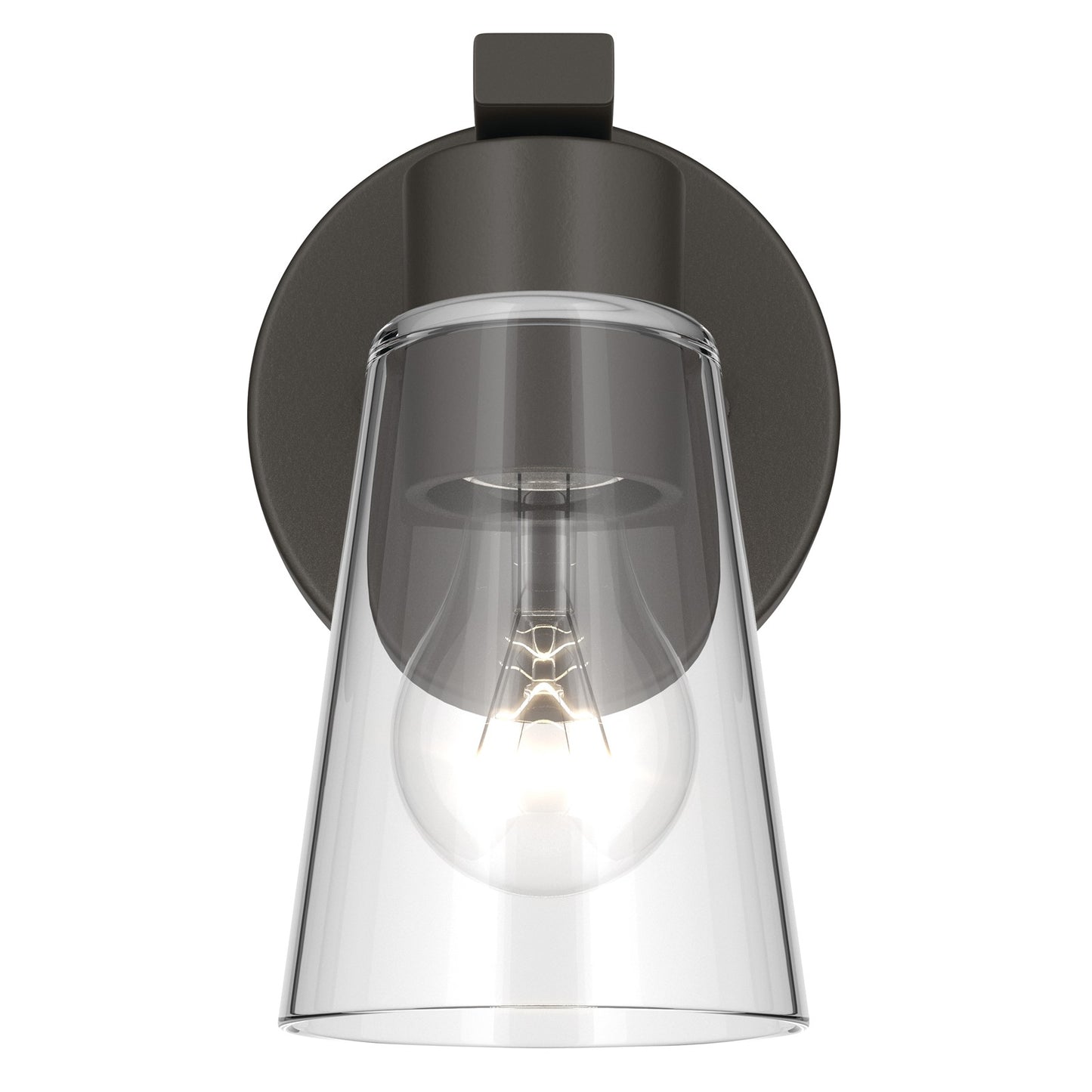 Kichler Stamos 8in 1-Light Wall Sconce | Modern Olde Bronze Steel and Clear Satin Etched Glass | Hallway & Bathroom Accent | 5 x 8 in, Damp Rated | Model 52437OZCLR