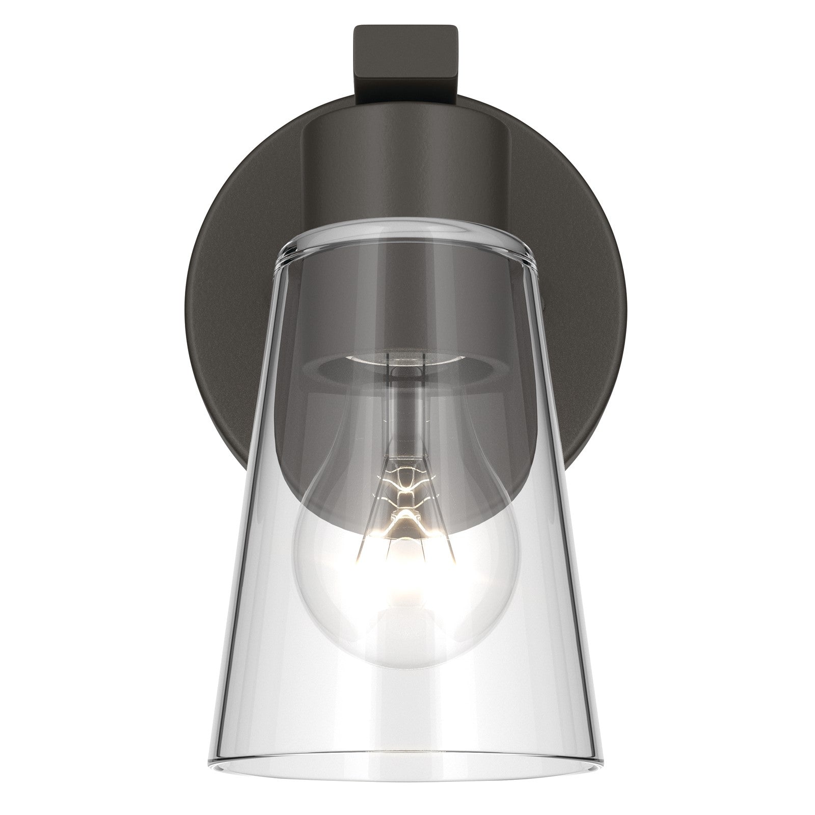 Kichler Stamos 8in 1-Light Wall Sconce | Modern Olde Bronze Steel and Clear Satin Etched Glass | Hallway & Bathroom Accent | 5 x 8 in, Damp Rated | Model 52437OZCLR