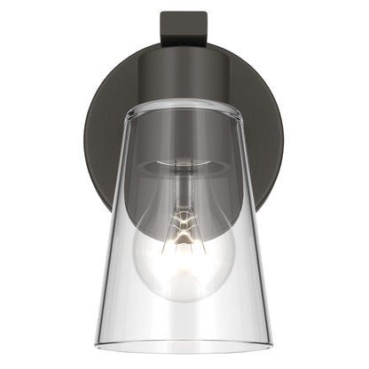Kichler Stamos 8in 1-Light Wall Sconce | Modern Olde Bronze Steel and Clear Satin Etched Glass | Hallway & Bathroom Accent | 5 x 8 in, Damp Rated | Model 52437OZCLR