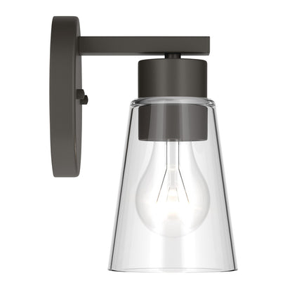 Kichler Stamos 8in 1-Light Wall Sconce | Modern Olde Bronze Steel and Clear Satin Etched Glass | Hallway & Bathroom Accent | 5 x 8 in, Damp Rated | Model 52437OZCLR