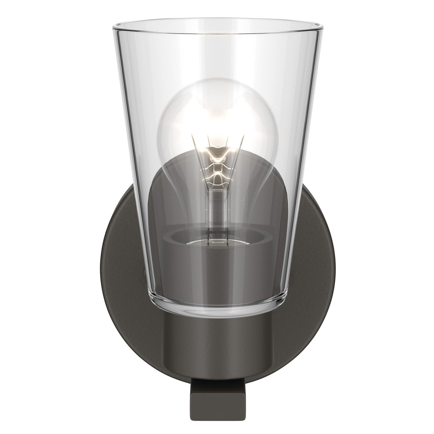 Kichler Stamos 8in 1-Light Wall Sconce | Modern Olde Bronze Steel and Clear Satin Etched Glass | Hallway & Bathroom Accent | 5 x 8 in, Damp Rated | Model 52437OZCLR