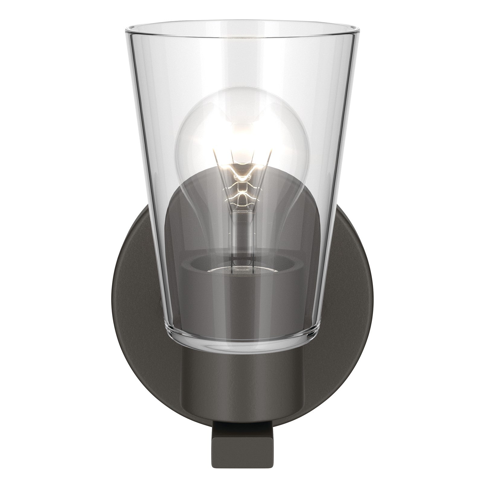 Kichler Stamos 8in 1-Light Wall Sconce | Modern Olde Bronze Steel and Clear Satin Etched Glass | Hallway & Bathroom Accent | 5 x 8 in, Damp Rated | Model 52437OZCLR