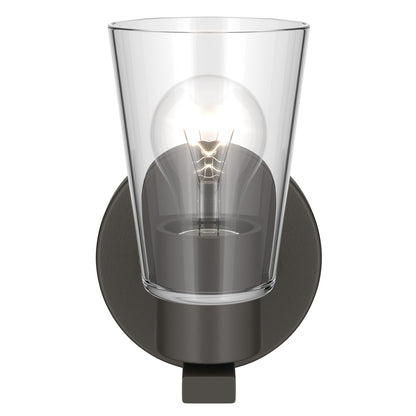Kichler Stamos 8in 1-Light Wall Sconce | Modern Olde Bronze Steel and Clear Satin Etched Glass | Hallway & Bathroom Accent | 5 x 8 in, Damp Rated | Model 52437OZCLR