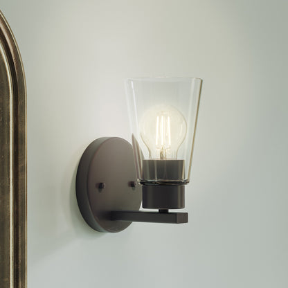 Kichler Stamos 8in 1-Light Wall Sconce | Modern Olde Bronze Steel and Clear Satin Etched Glass | Hallway & Bathroom Accent | 5 x 8 in, Damp Rated | Model 52437OZCLR