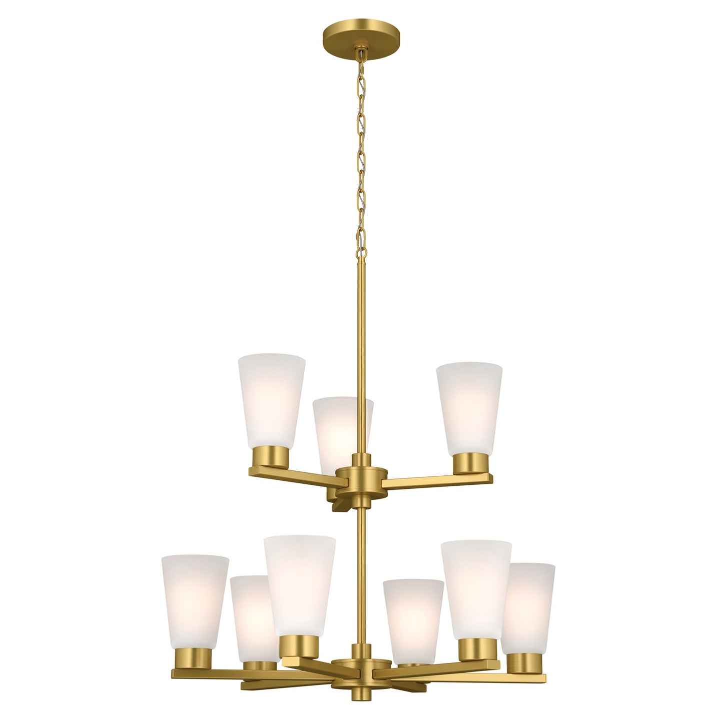 Kichler Stamos 24in 9-Light 2-Tier Chandelier | Modern Brushed Gold Steel and Satin Etched Glass | Dining Room & Living Room | 27 in H, Adjustable | Model 52438BG