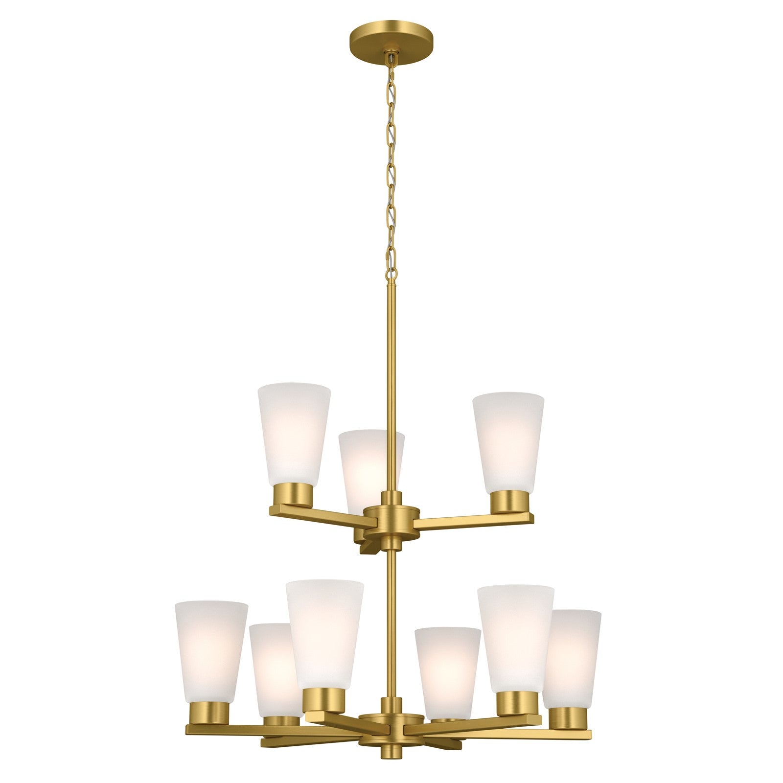 Kichler Stamos 24in 9-Light 2-Tier Chandelier | Modern Brushed Gold Steel and Satin Etched Glass | Dining Room & Living Room | 27 in H, Adjustable | Model 52438BG
