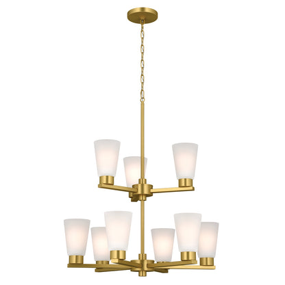 Kichler Stamos 24in 9-Light 2-Tier Chandelier | Modern Brushed Gold Steel and Satin Etched Glass | Dining Room & Living Room | 27 in H, Adjustable | Model 52438BG