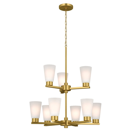 Kichler Stamos 24in 9-Light 2-Tier Chandelier | Modern Brushed Gold Steel and Satin Etched Glass | Dining Room & Living Room | 27 in H, Adjustable | Model 52438BG