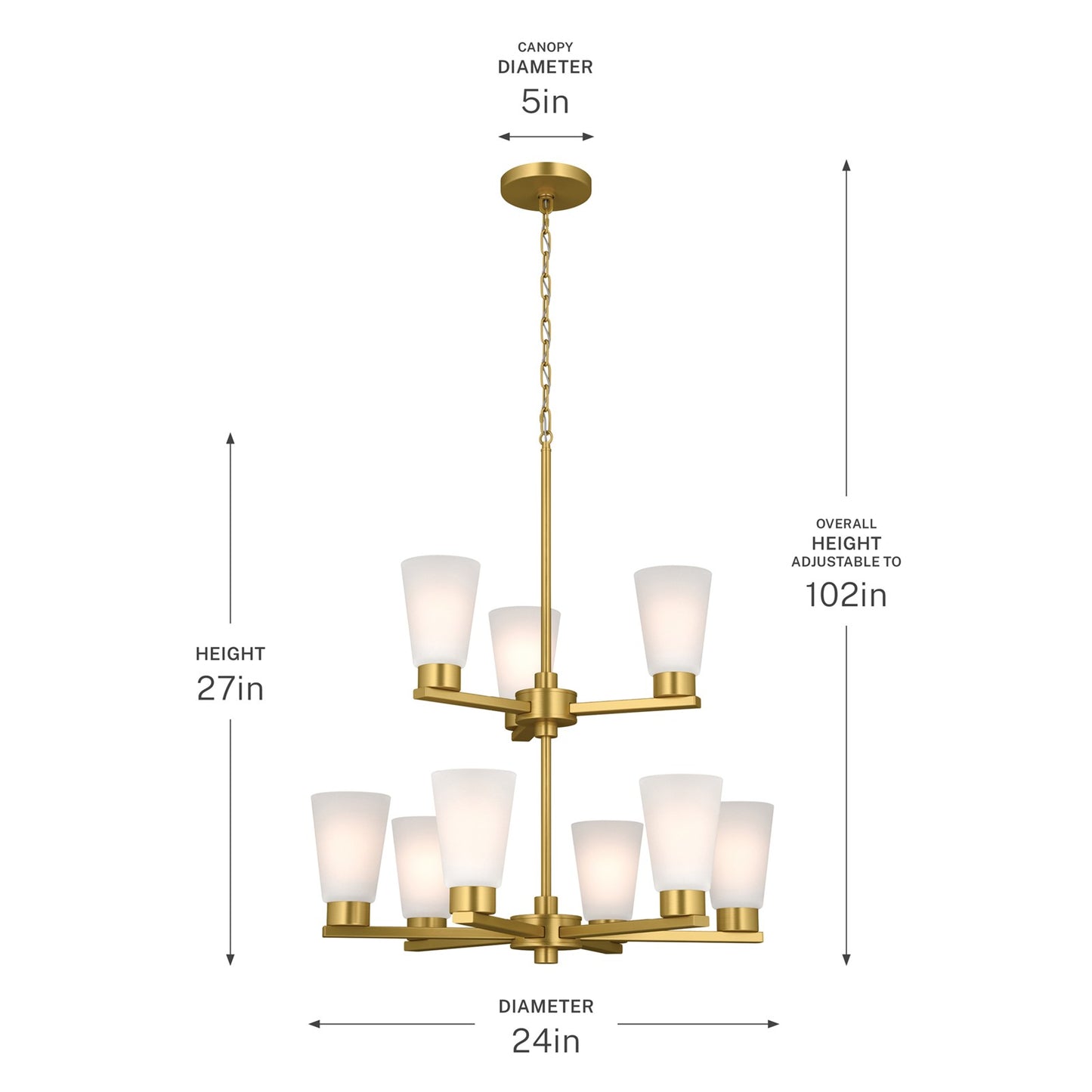 Kichler Stamos 24in 9-Light 2-Tier Chandelier | Modern Brushed Gold Steel and Satin Etched Glass | Dining Room & Living Room | 27 in H, Adjustable | Model 52438BG