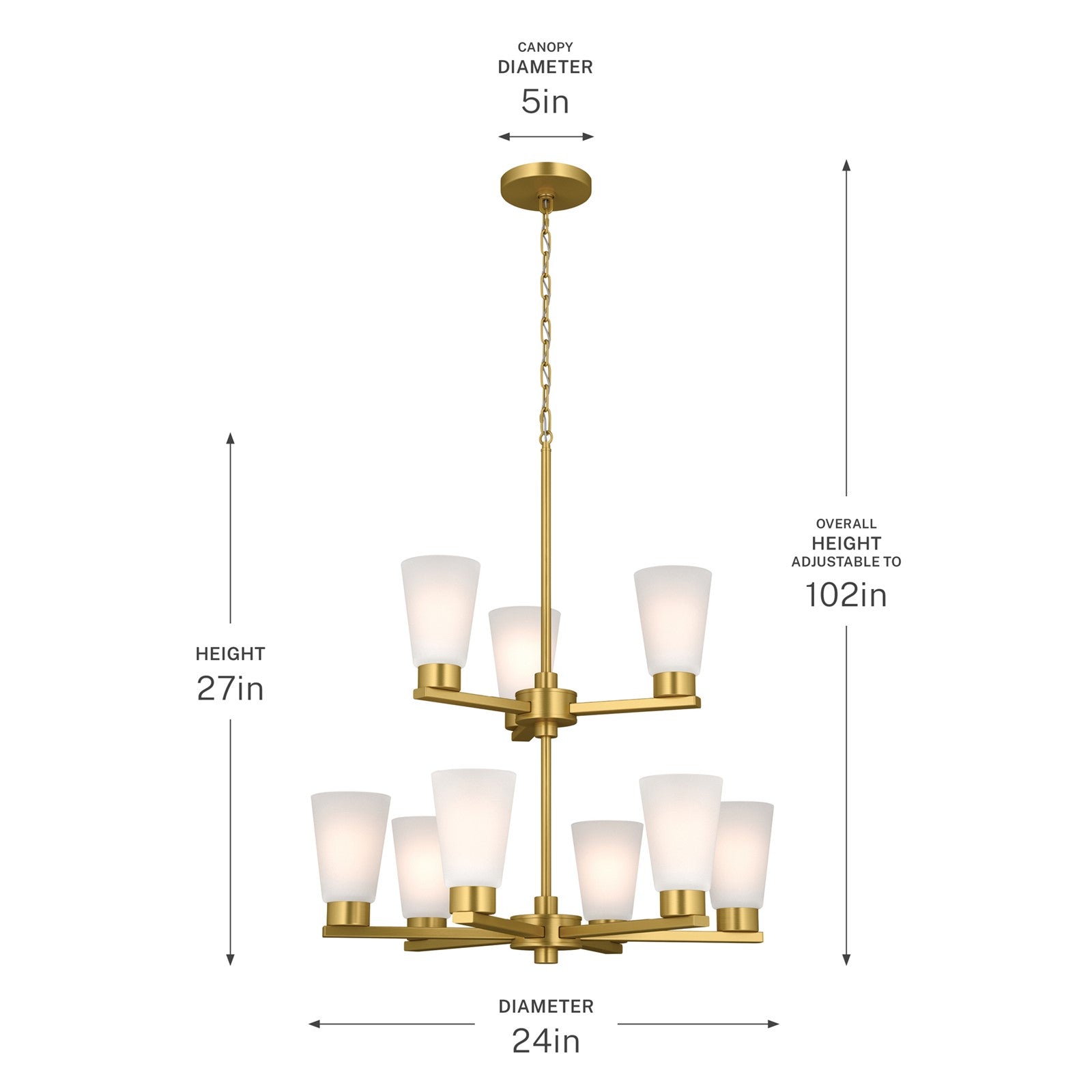 Kichler Stamos 24in 9-Light 2-Tier Chandelier | Modern Brushed Gold Steel and Satin Etched Glass | Dining Room & Living Room | 27 in H, Adjustable | Model 52438BG