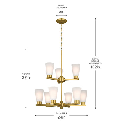 Kichler Stamos 24in 9-Light 2-Tier Chandelier | Modern Brushed Gold Steel and Satin Etched Glass | Dining Room & Living Room | 27 in H, Adjustable | Model 52438BG