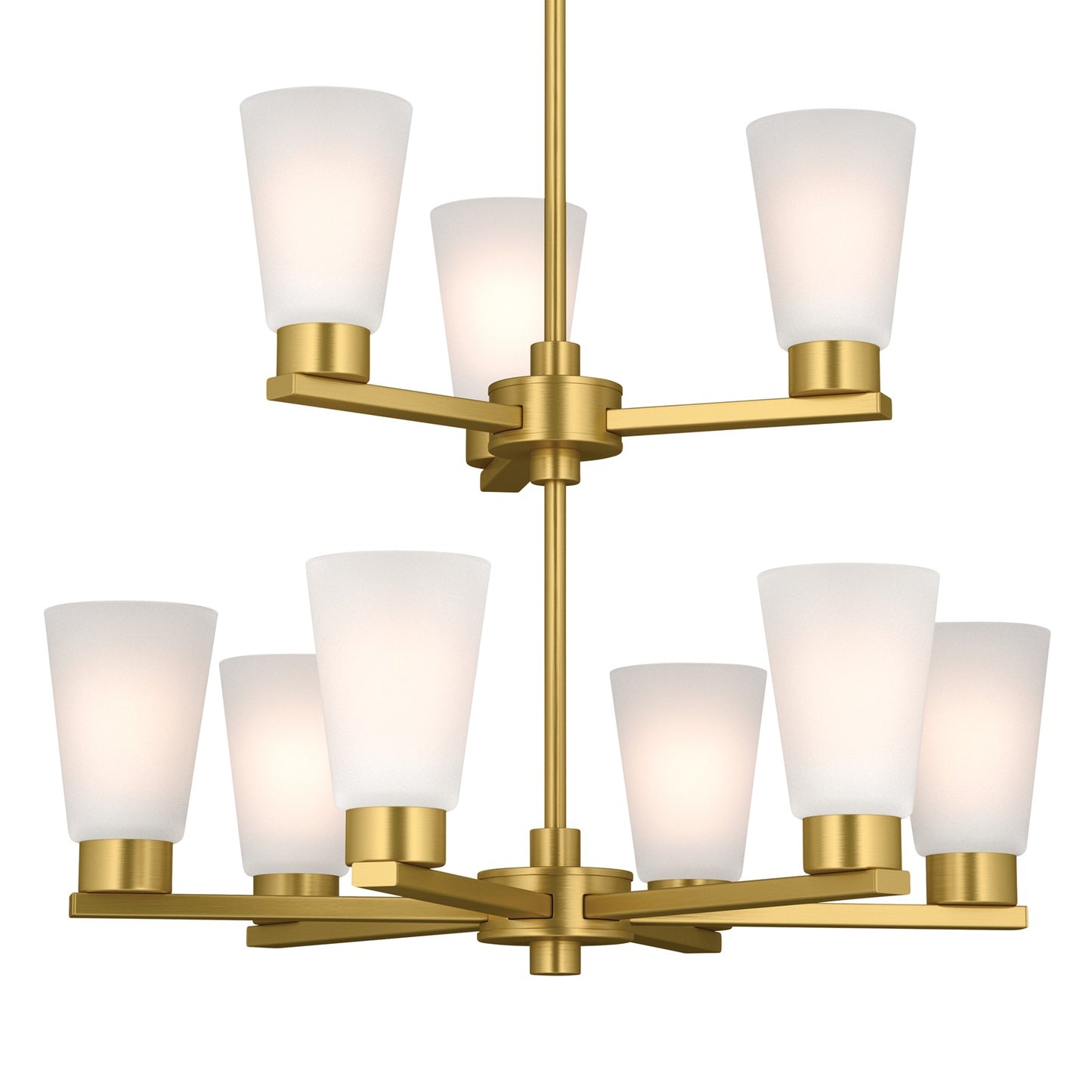 Kichler Stamos 24in 9-Light 2-Tier Chandelier | Modern Brushed Gold Steel and Satin Etched Glass | Dining Room & Living Room | 27 in H, Adjustable | Model 52438BG