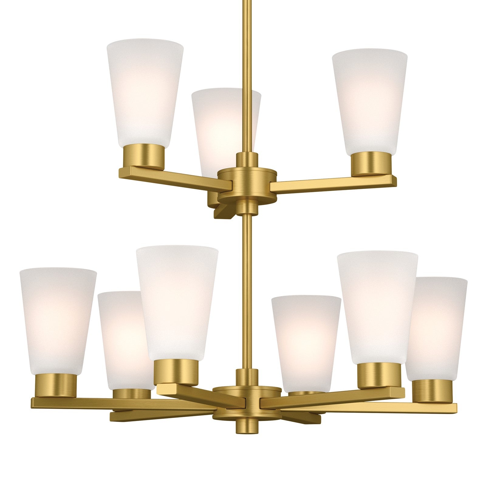 Kichler Stamos 24in 9-Light 2-Tier Chandelier | Modern Brushed Gold Steel and Satin Etched Glass | Dining Room & Living Room | 27 in H, Adjustable | Model 52438BG