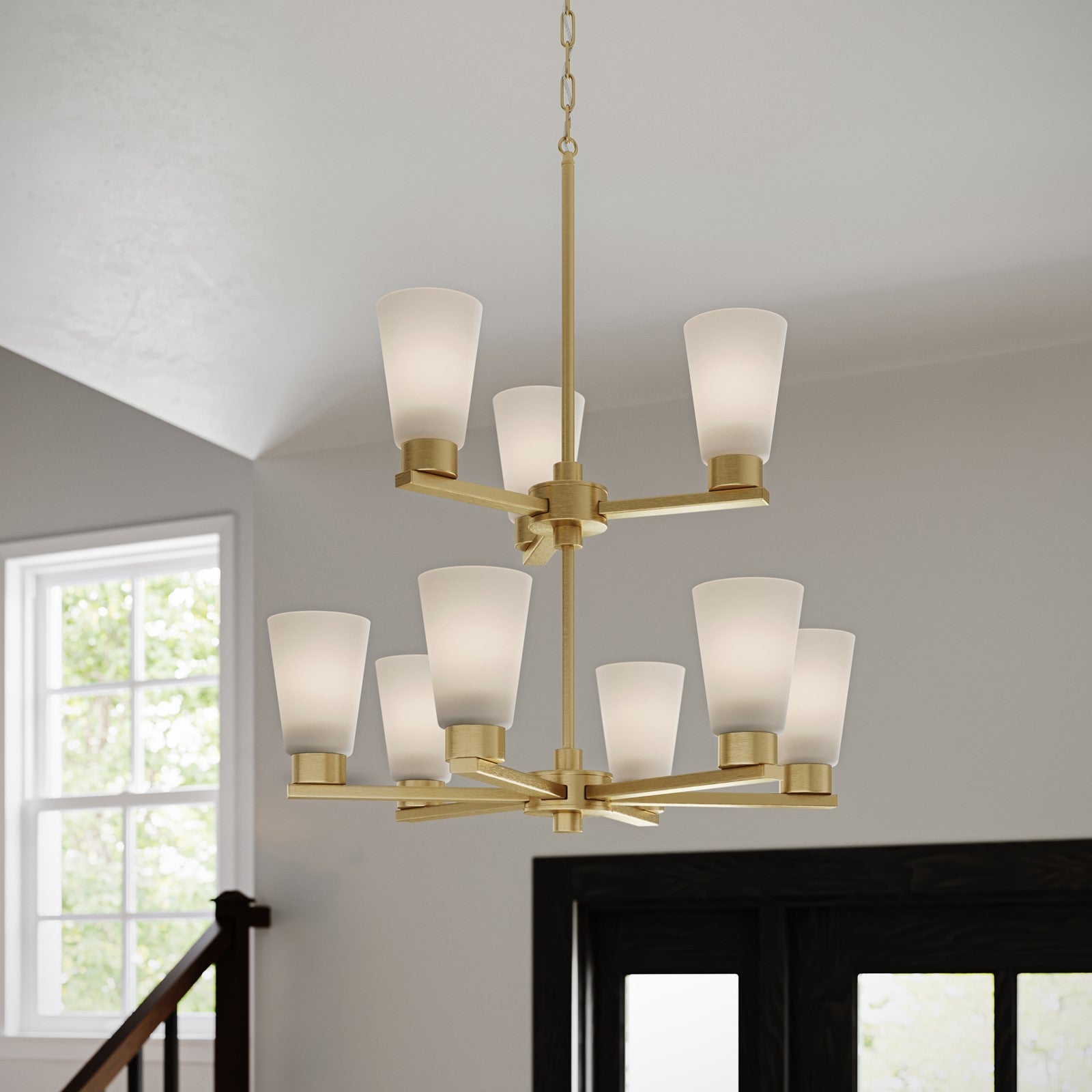 Kichler Stamos 24in 9-Light 2-Tier Chandelier | Modern Brushed Gold Steel and Satin Etched Glass | Dining Room & Living Room | 27 in H, Adjustable | Model 52438BG
