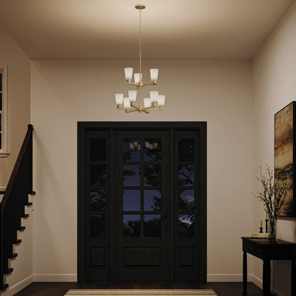 Kichler Stamos 24in 9-Light 2-Tier Chandelier | Modern Brushed Gold Steel and Satin Etched Glass | Dining Room & Living Room | 27 in H, Adjustable | Model 52438BG