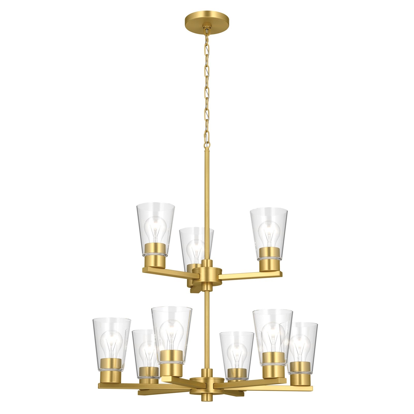 Kichler Stamos 24in 9-Light Chandelier | Modern Brushed Gold Steel and Clear Glass | Dining Room & Living Room | 27in H | Model 52438BGCLR