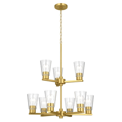 Kichler Stamos 24in 9-Light Chandelier | Modern Brushed Gold Steel and Clear Glass | Dining Room & Living Room | 27in H | Model 52438BGCLR
