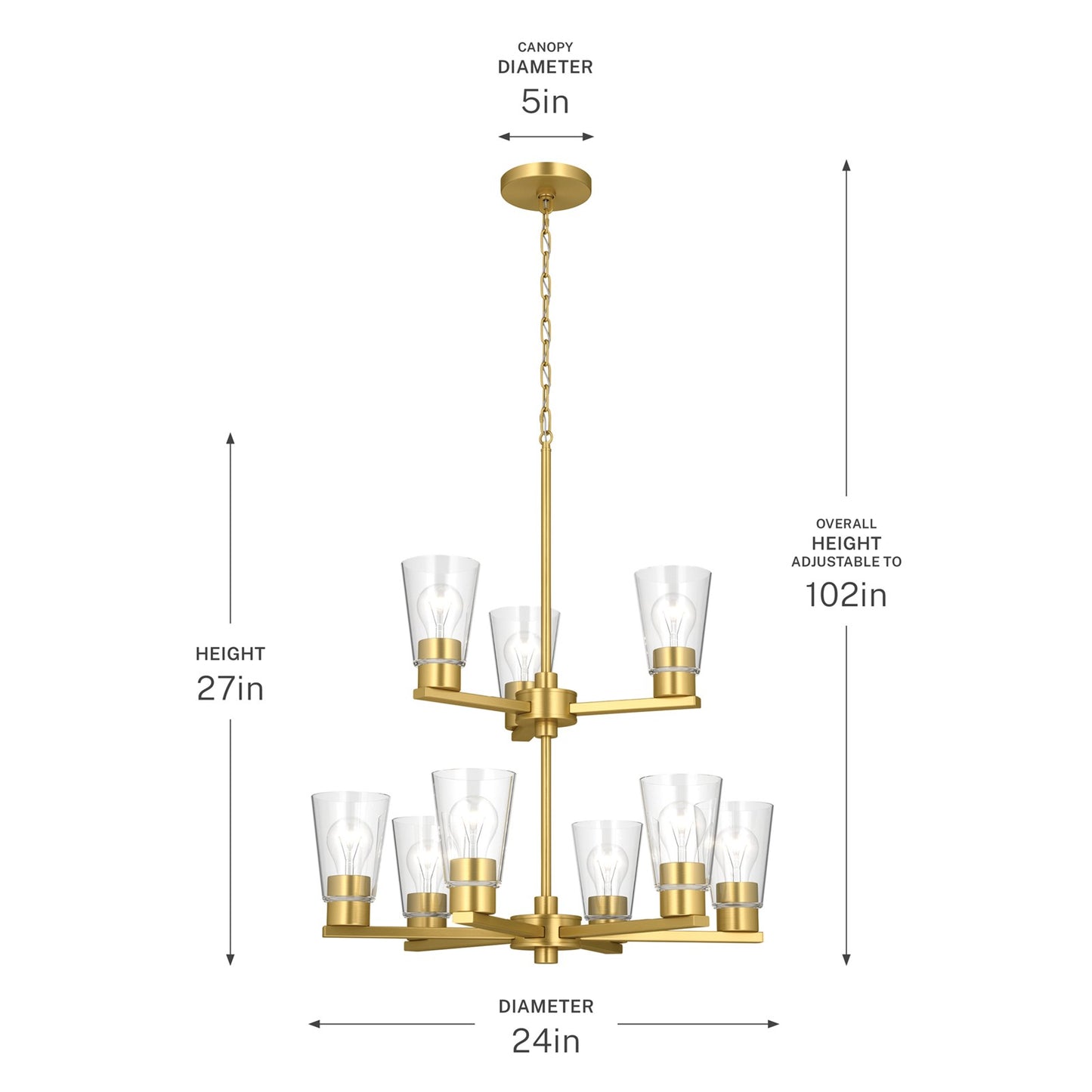 Kichler Stamos 24in 9-Light Chandelier | Modern Brushed Gold Steel and Clear Glass | Dining Room & Living Room | 27in H | Model 52438BGCLR