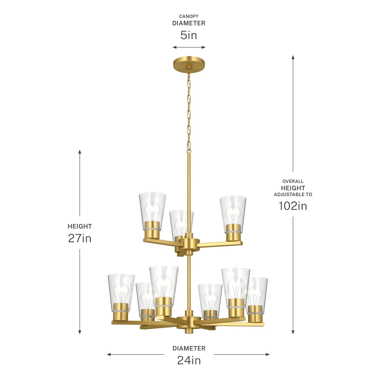Kichler Stamos 24in 9-Light Chandelier | Modern Brushed Gold Steel and Clear Glass | Dining Room & Living Room | 27in H | Model 52438BGCLR