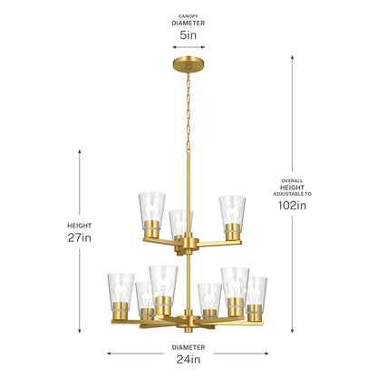 Kichler Stamos 24in 9-Light Chandelier | Modern Brushed Gold Steel and Clear Glass | Dining Room & Living Room | 27in H | Model 52438BGCLR