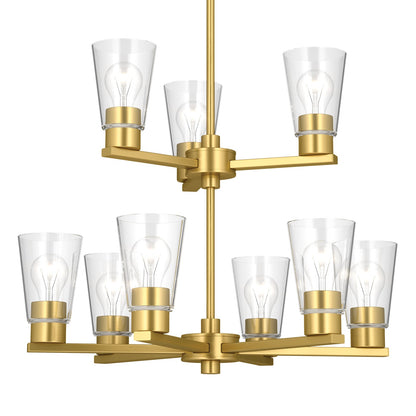 Kichler Stamos 24in 9-Light Chandelier | Modern Brushed Gold Steel and Clear Glass | Dining Room & Living Room | 27in H | Model 52438BGCLR