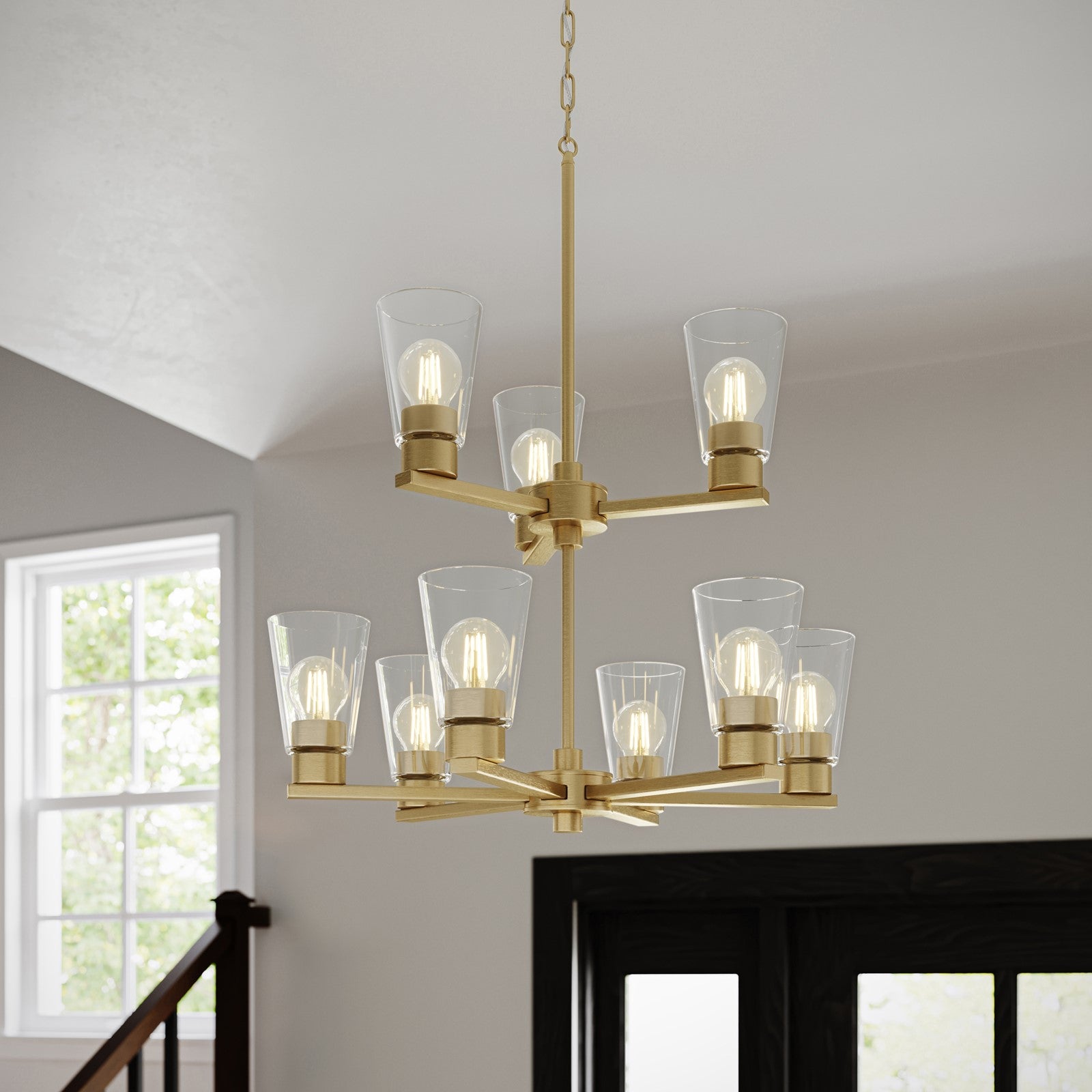 Kichler Stamos 24in 9-Light Chandelier | Modern Brushed Gold Steel and Clear Glass | Dining Room & Living Room | 27in H | Model 52438BGCLR