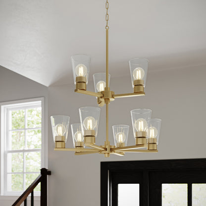 Kichler Stamos 24in 9-Light Chandelier | Modern Brushed Gold Steel and Clear Glass | Dining Room & Living Room | 27in H | Model 52438BGCLR
