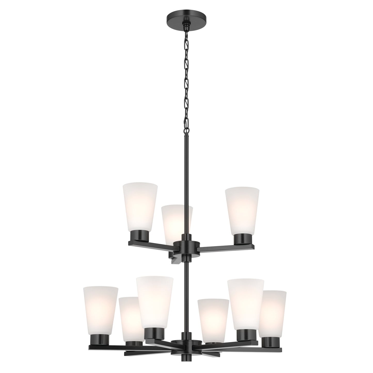 Kichler Stamos 24in 9-Light Chandelier | Modern Black Steel and Satin Etched Glass | Dining Room & Living Room | 27in H | Model 52438BK