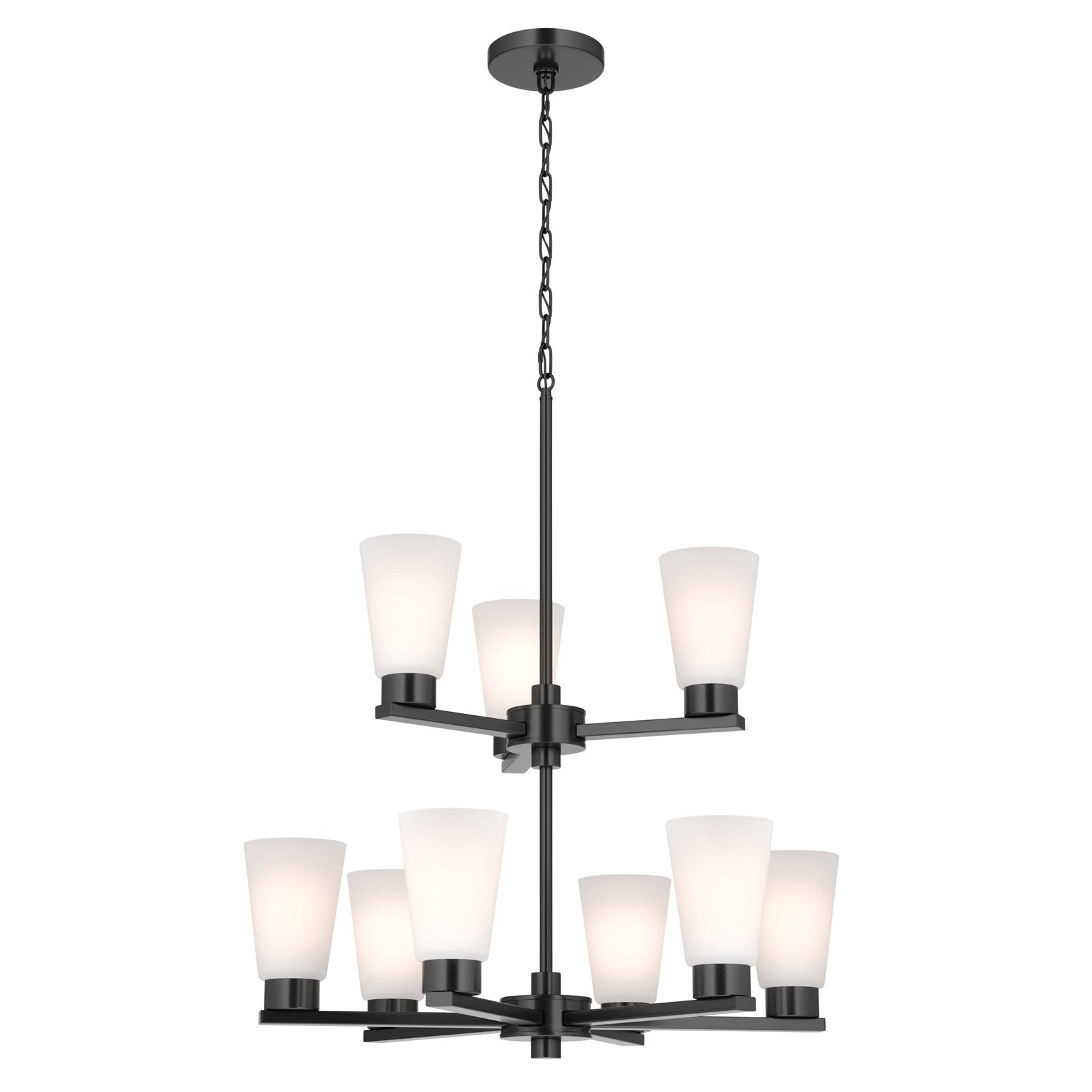 Kichler Stamos 24in 9-Light Chandelier | Modern Black Steel and Satin Etched Glass | Dining Room & Living Room | 27in H | Model 52438BK